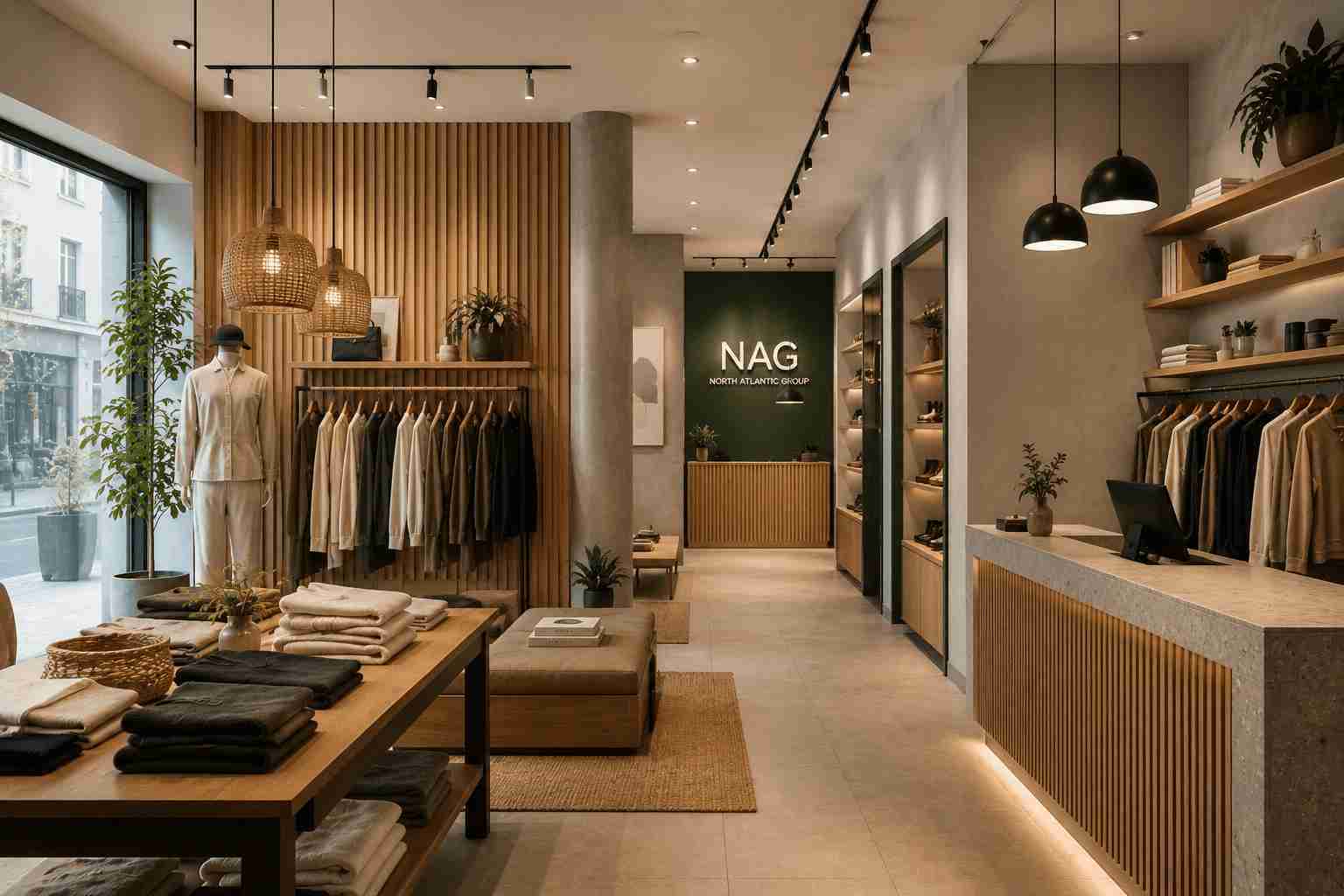 Interiorismo comercial en tienda moderna con materiales naturales e iluminación cálida