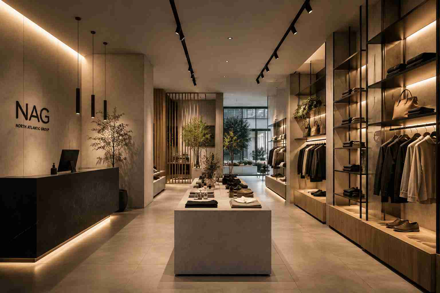 Diseño de espacio comercial moderno con iluminación cálida y mobiliario minimalista