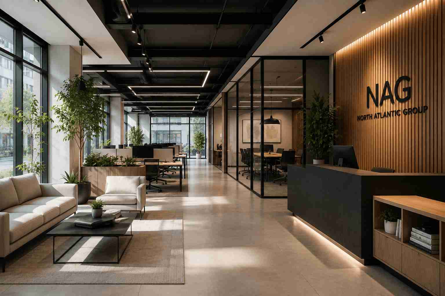 Diseño de oficinas moderno con espacios abiertos, luz natural y zonas colaborativas